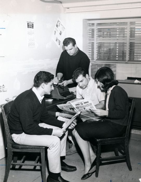 The founding student staff of SUNY Niagara's newspaper, Entricy Herald (later known as The Spirit), 1964