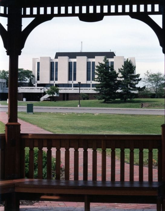 Library as viewed through the SUNY Niagara Foundation garden gazebo