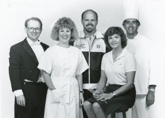 Portrait of SUNY Niagara Faculty members: Paul Ferington, Cathy Peuquet, Eric Knuutila, Joanne Stahlman, and Sam Sheusi, 1987