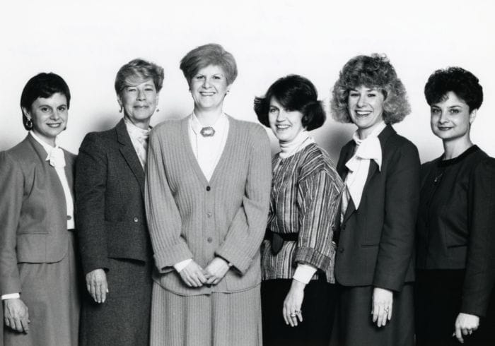 Group portrait of SUNY Niagara Nursing Faculty: RoseAnn Roberts, Emily Chapman, Andrea Mastroianni, Marlene Fernandez, Cathy Peuquet, and Marcy Stoll, 1988