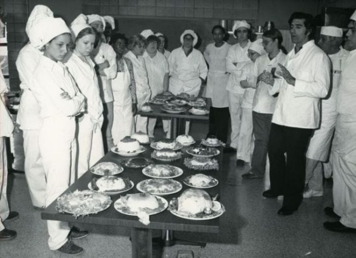 Culinary Arts students and Professor Sam Sheusi, circa 1980