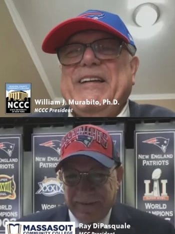 Virtual meeting between SUNY Niagara President William J. Murabito and Massasoit Community College President Ray DiPasquale to discuss wager for the Buffalo Bills and New England Patriots playoff game. 